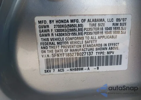 2007 Honda Pilot Ex-L из США, поврежденный, VIN 5FNYF18527B027137